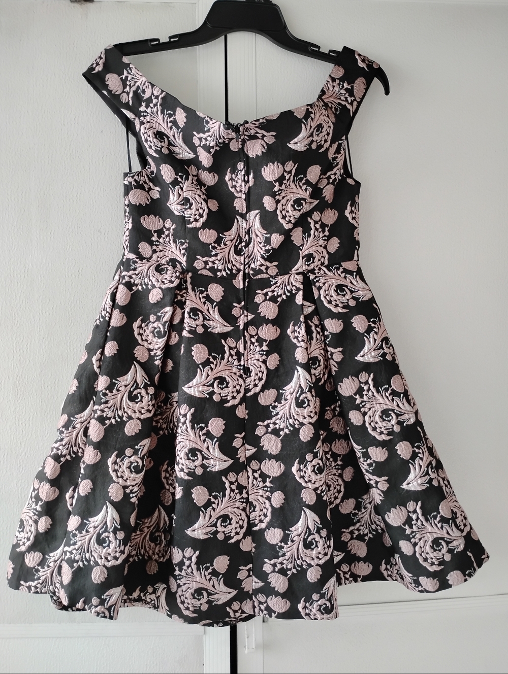 Francesca's Black Fit & Flare Dress with Pink Floral Jacquard